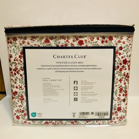 Charter Club Flannel Full Sheet Set 100% Cotton Red Floral New, 4 Pcs - Picture 4 of 8